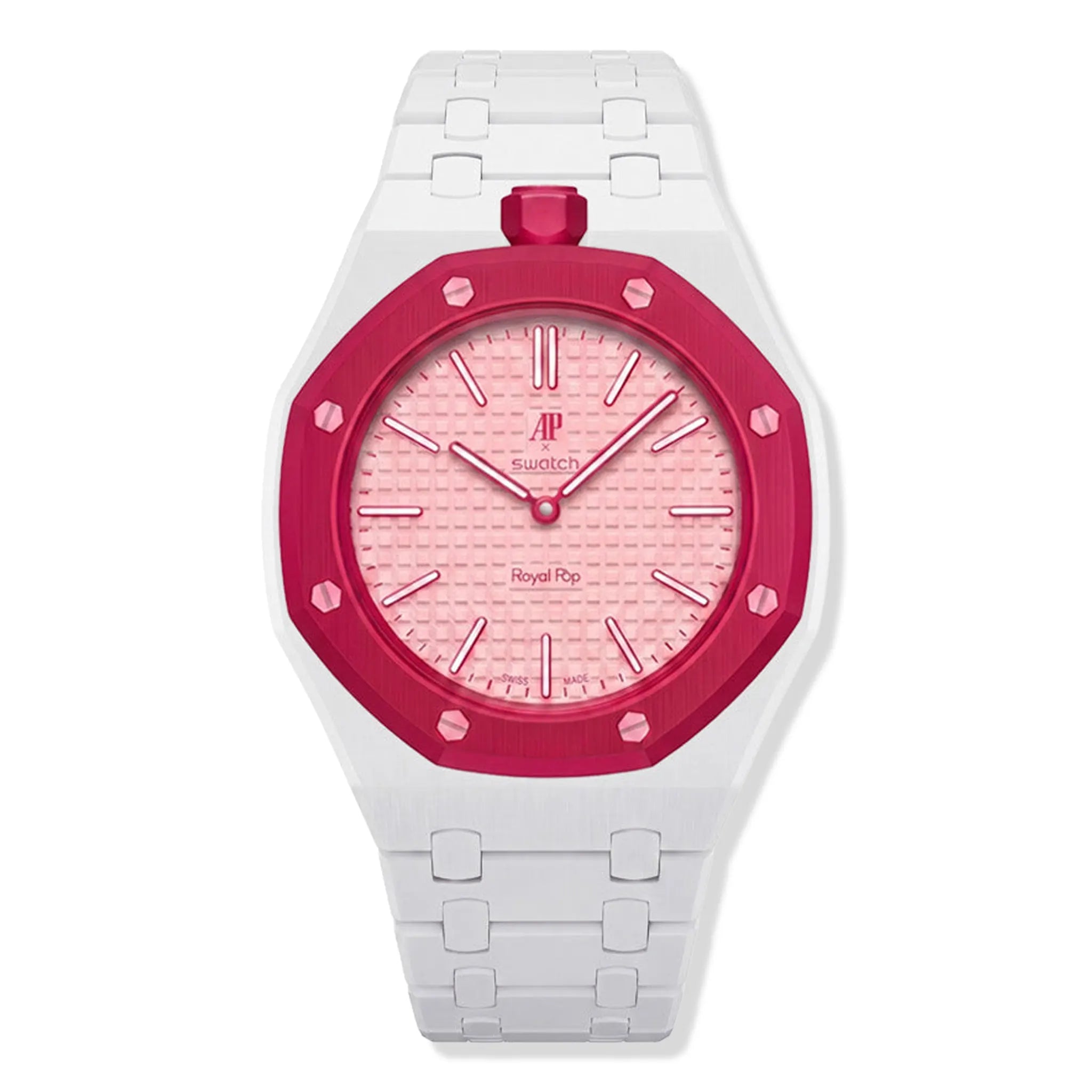 Front View of Swatch x Audemars Piguet Royal Pop Otto Rosso With White Bio Ceramic Strap